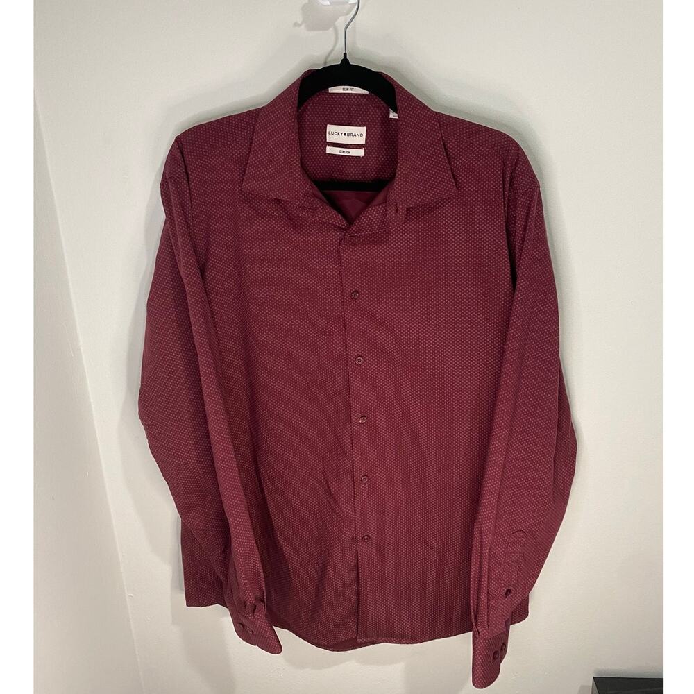 Lucky Brand Button Down Men’s L Burgundy Stretch Slim Fit Micro Print Pre-Owned